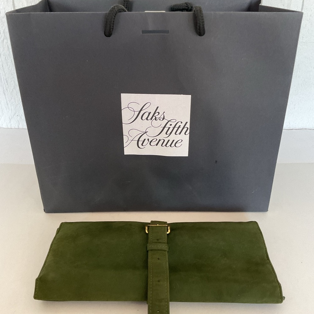Saks Fifth Avenue vintage green suede leather jewelry roll.